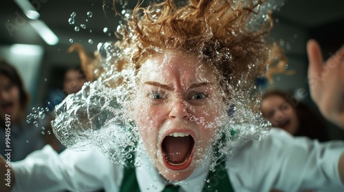 A person with red hair is captured in a dynamic, high-energy pose as water splashes dramatically in front of their face, showcasing a moment of intensity. photo