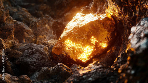 Glowing mineral rock glimmers within a dark, rocky cave illuminated by flickering lights in the depths of the earth
