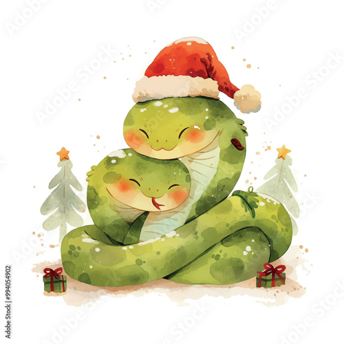 A green snake is hugging another green snake, both wearing Santa hats. The scene is set in front of a Christmas tree