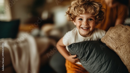 Inside a cozy setting, a young child with curly hair smiles brightly, hugging a pillow, creating a heartwarming scene of innocence and childlike wonder.