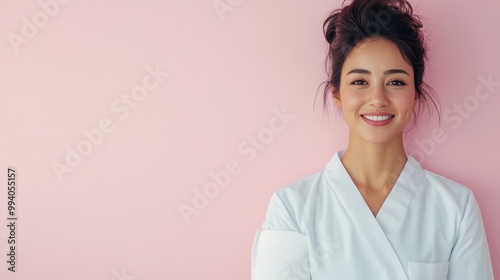 A woman in a white coat beams a gentle smile while standing against a pink wall, exuding a sense of professional calm. Her hair is tied up into a neat bun. photo