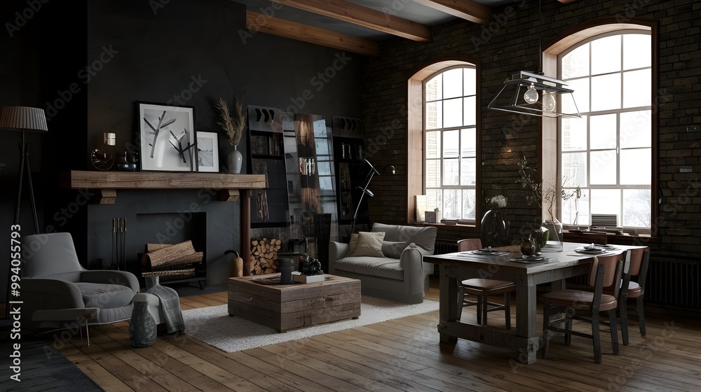 Dark industrial-style living room loft featuring a fireplace, chairs, and a table in a cozy arrangement. Dark industrial-style living room loft featuring a fireplace, chairs, and a table in a cozy arrangement.