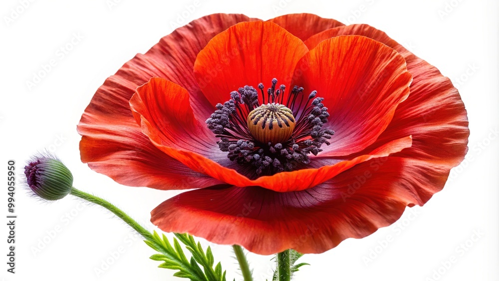 Vibrant red poppy flower isolated on white background, symbolizing remembrance, hope, and beauty, with intricate details and delicate petals in sharp focus. Vibrant red poppy flower isolated on white background, symbolizing remembrance, hope, and beauty, with intricate details and delicate petals in sharp focus.