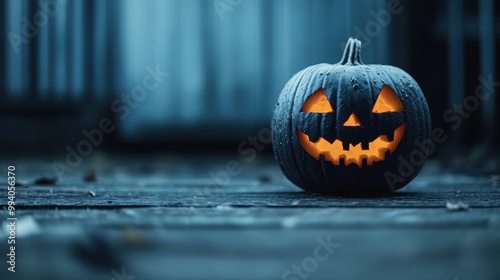 A blue-tinted Jack-o'-lantern radiates an eerie glow, placed on a dark surface, presenting a mystical and haunting ambiance perfect for the Halloween season. photo