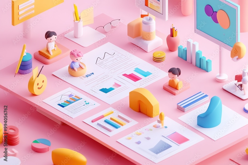 Fototapeta premium A colorful workspace featuring charts, graphs, and playful figures focused on data analysis.