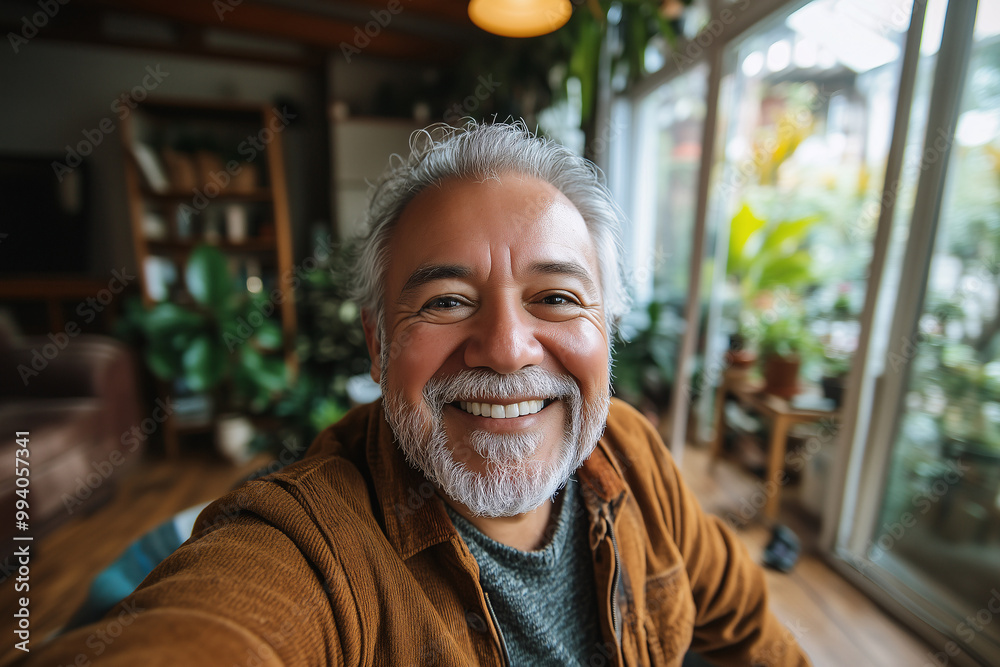 Smiling elderly man taking a selfie in a cozy living room Smiling elderly man taking a selfie in a cozy living room