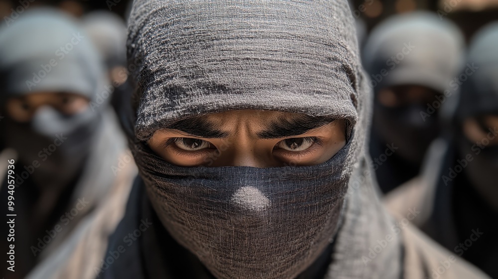 An evocative image of a group of people with their faces covered, standing in synchrony, representing themes of unity, resolve, and solemn gatherings. An evocative image of a group of people with their faces covered, standing in synchrony, representing themes of unity, resolve, and solemn gatherings.