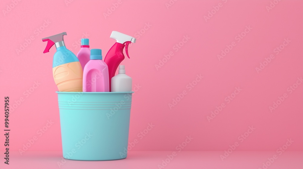 Vibrant cleaning supplies in a bucket against a pink backdrop, perfect for home care and cleaning themes. Vibrant cleaning supplies in a bucket against a pink backdrop, perfect for home care and cleaning themes.