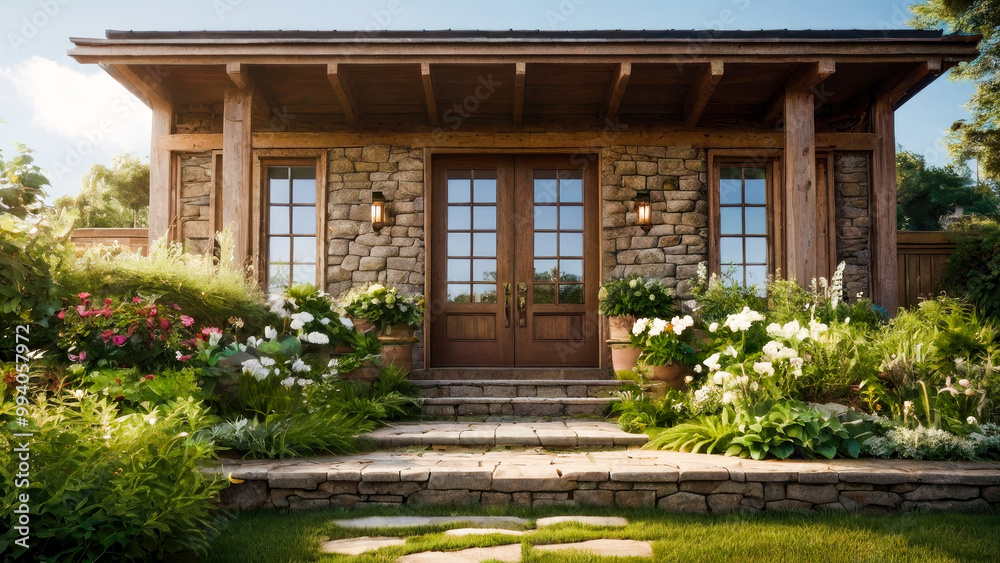 Fototapeta premium A nice entrance of a luxury house and outdoor landscape. housing insurance against impending loss and fire, home and real estate insurance concepts