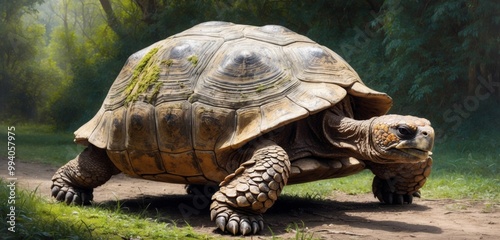 A tortoise walks through a sunlit forest clearing photo