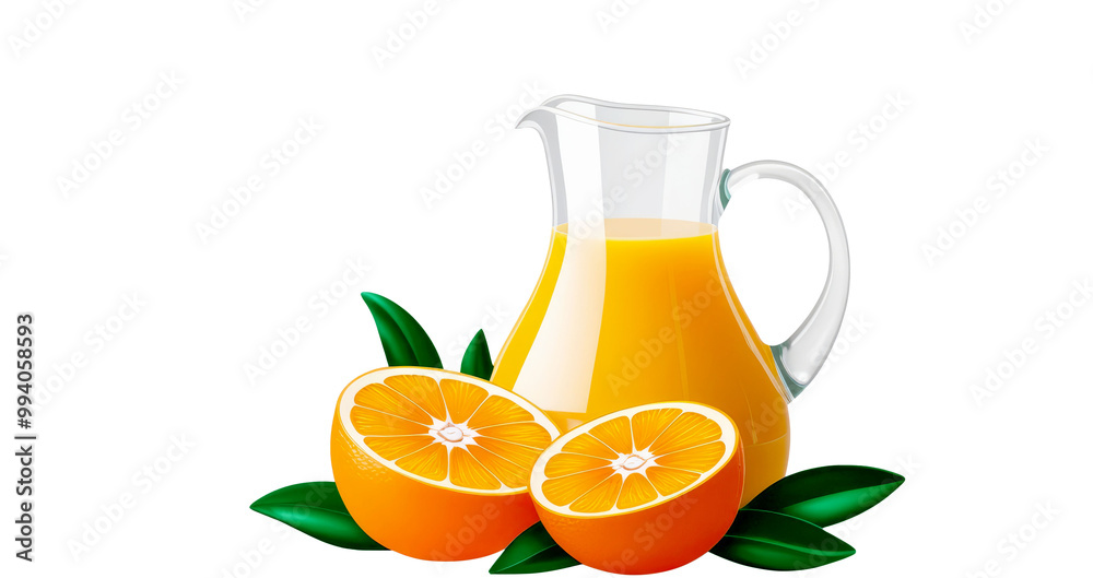 illustration Jug with orange juice and fruits with green leaves isolated on white background illustration Jug with orange juice and fruits with green leaves isolated on white background