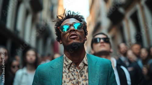 A stylish individual in a bright teal jacket with a patterned shirt underneath, walking through a busy street filled with people, exuding confidence and attracting attention from the crowd.