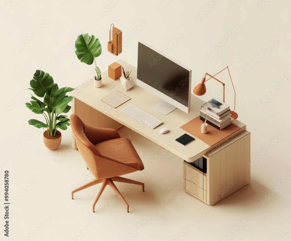 A modern workspace featuring a desk, computer, and plants for productivity and comfort. A modern workspace featuring a desk, computer, and plants for productivity and comfort.