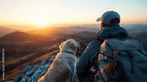 A backpacker and his dog enjoy the breathtaking sunrise from a mountain ledge, capturing the essence of adventure, companionship, and the beauty of nature.