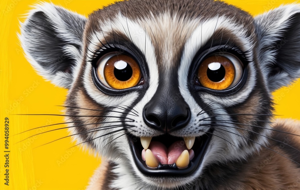 An illustration of a playful lemur with wide, captivating eyes against a vivid yellow background An illustration of a playful lemur with wide, captivating eyes against a vivid yellow background