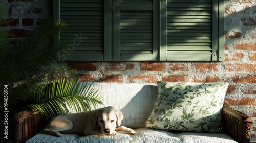 A scene featuring a cute dog relaxing on a comfortable outdoor couch with green shutters in the background, conveying tranquility and comfort in natural sunlight.