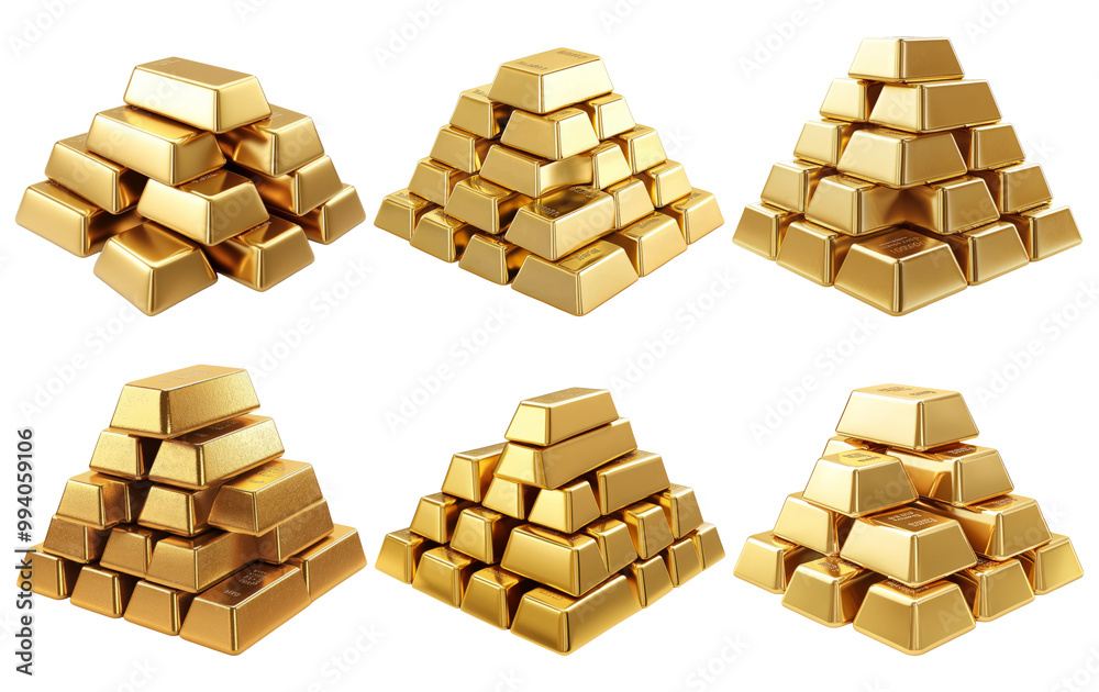 Gold ingot pyramids in multiple arrangements isolated on transparent background Gold ingot pyramids in multiple arrangements isolated on transparent background