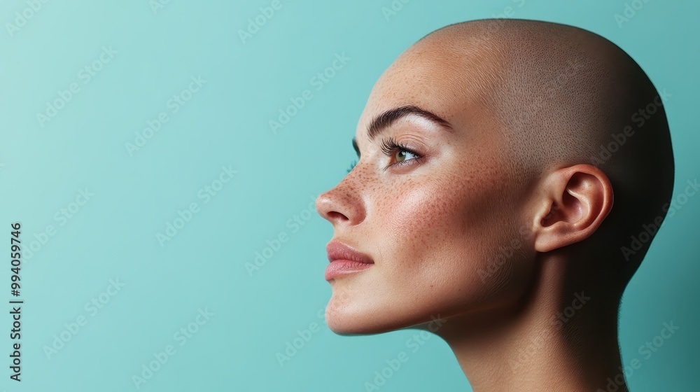 Featuring a side profile of a bald individual set against a blue background, this image emphasizes simplicity and minimalistic beauty in its clear and clean composition. Featuring a side profile of a bald individual set against a blue background, this image emphasizes simplicity and minimalistic beauty in its clear and clean composition.