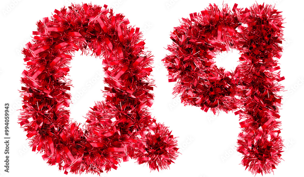 letter Q made from New Year's tinsel, isolated Christmas tinsel, tinsel garland