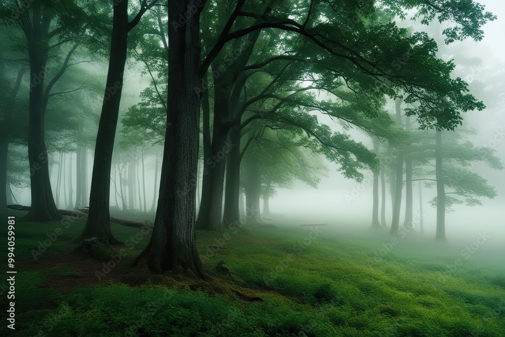Fototapeta premium Serene Misty Forest Landscape in Lush Green Wilderness