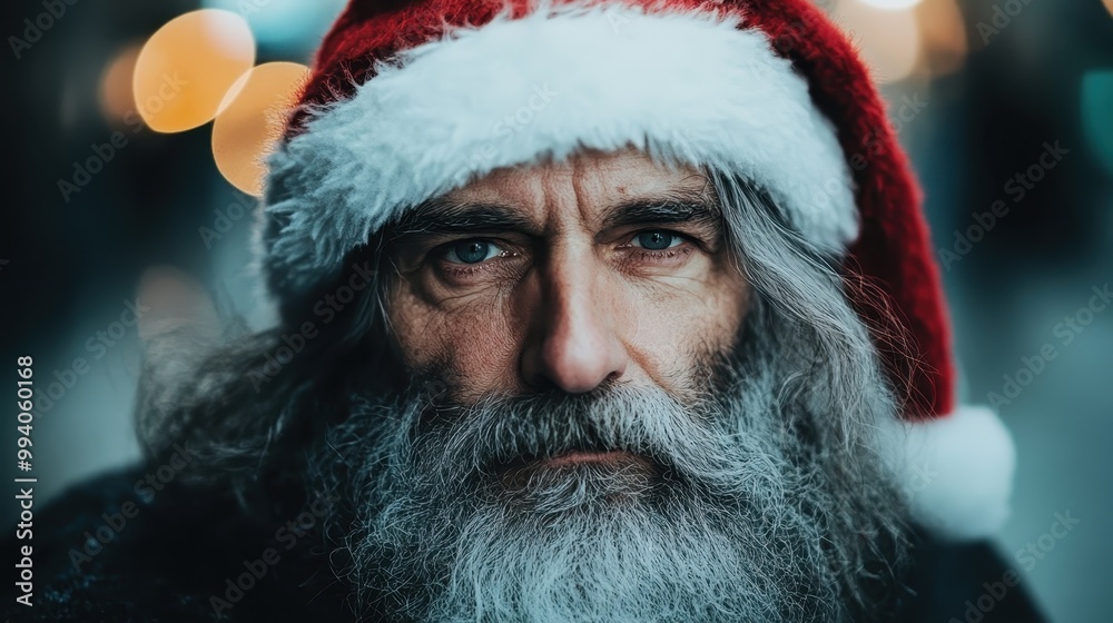 A man with a grey beard wearing a Santa hat. His intense look and solemn expression blend with the festive colors, creating a mysterious holiday image. A man with a grey beard wearing a Santa hat. His intense look and solemn expression blend with the festive colors, creating a mysterious holiday image.