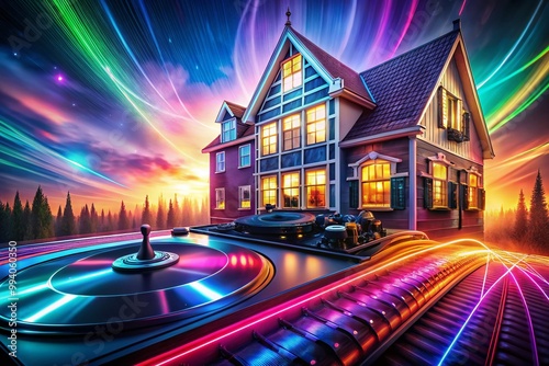 Dynamic Background of House Music with Vibrant Sound Waves and Colorful Visual Effects for Design photo