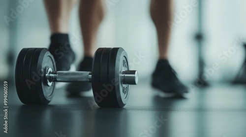 A close-up shot of a dumbbell lying on a gym floor with a blurred person standing in the background, highlighting fitness and exercise equipment in an indoor gym setting.