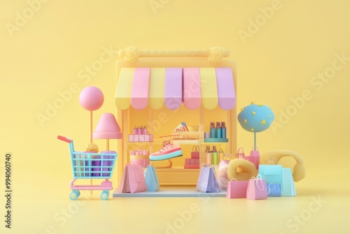 A colorful miniature shop display with various products and shopping items.