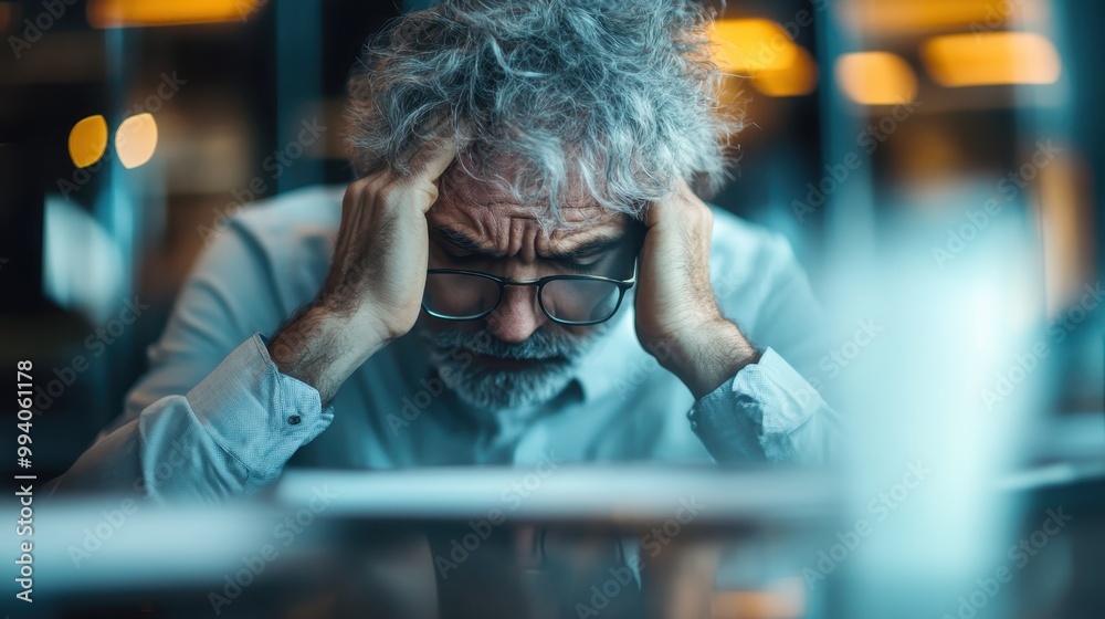 A person with curly hair, wearing a light blue shirt, sits with their head in their hands, conveying a sense of stress or deep thought in a blurred background setting. A person with curly hair, wearing a light blue shirt, sits with their head in their hands, conveying a sense of stress or deep thought in a blurred background setting.