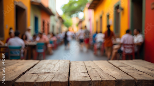 Close-up of a wooden table with a blurred background showing people having lunch in an outdoor restaurant in summer, in the middle of a picturesque street