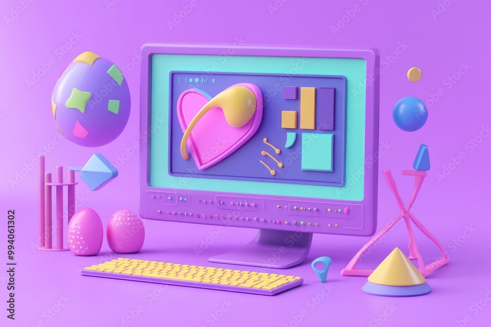 A vibrant digital workspace featuring playful geometric shapes and a colorful computer screen. A vibrant digital workspace featuring playful geometric shapes and a colorful computer screen.