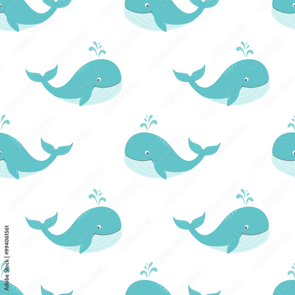 Seamless pattern with cute cartoon smiling whale with fountain. Sea background with a blue whale. Vector. Seamless pattern with cute cartoon smiling whale with fountain. Sea background with a blue whale. Vector.