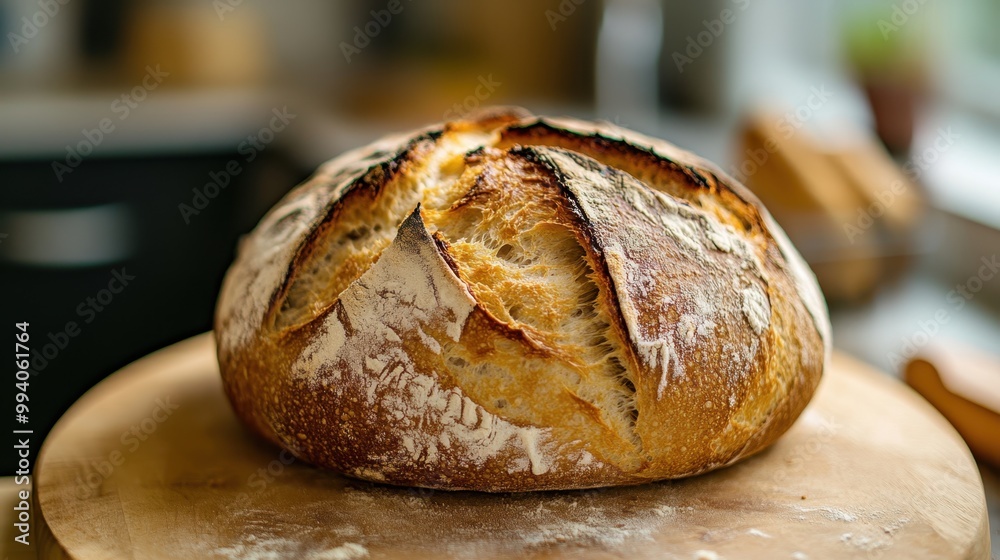 Crusty round loaf of freshly baked sourdough bread on a wooden surface. Crusty round loaf of freshly baked sourdough bread on a wooden surface.