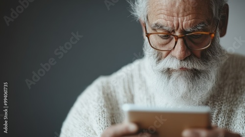 An elderly individual interacts with a tablet device, dressed in a beige sweater, highlighting the blend of modern technology with a timeless, serene and comfortable ambiance. photo