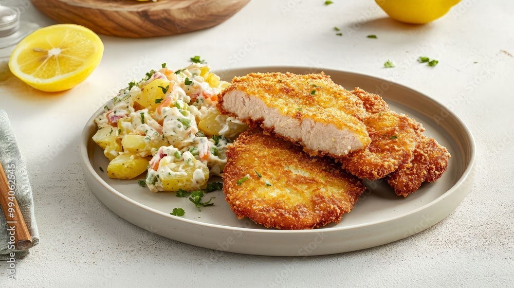 Delicious Crispy Chicken Cutlets with Potato Salad Delicious Crispy Chicken Cutlets with Potato Salad