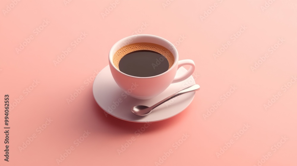 A white cup of coffee on a saucer with a spoon, set against a soft pink background. A white cup of coffee on a saucer with a spoon, set against a soft pink background.