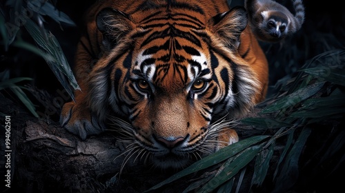 A tiger with an intense gaze is seen crouching and peering through thick foliage, embodying the spirit of wild nature and the predator's energy in a lush jungle setting. photo