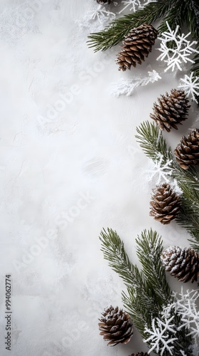 Winter flat lay pine cones evergreen branches snowflakes hyperrealistic cozy aesthetic natural textures depth shadows