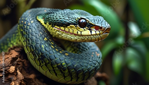 Elegant Western Bush Viper perched among lush foliage, showcasing vibrant green scales and strikingly beautiful features in a natural habitat