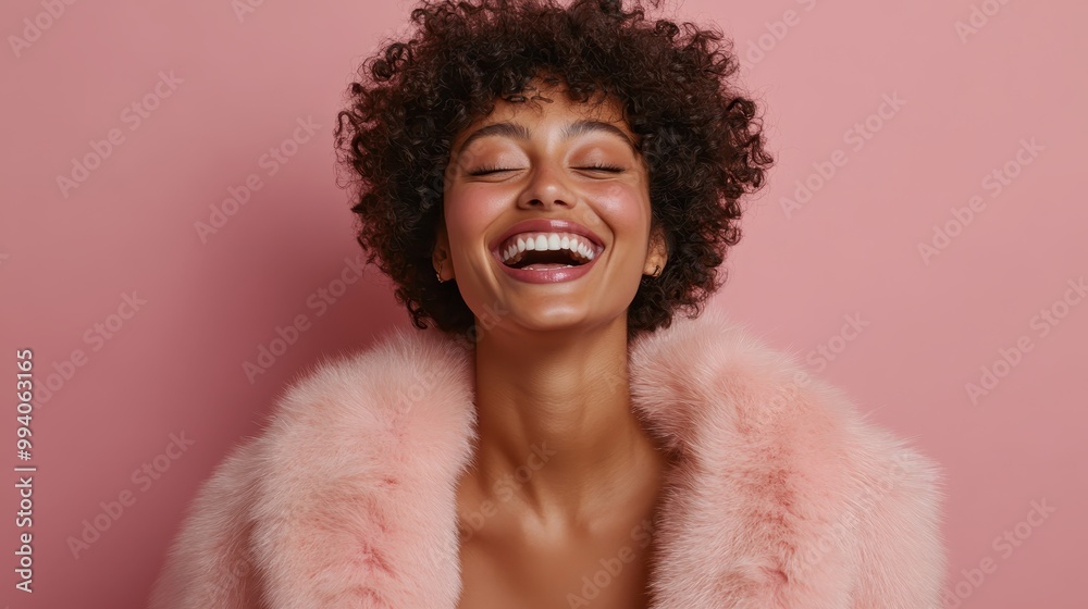 A woman poses confidently in a luxurious pink fur coat, set against a pink backdrop. The fashionable outfit highlights a sense of elegance and bold style. A woman poses confidently in a luxurious pink fur coat, set against a pink backdrop. The fashionable outfit highlights a sense of elegance and bold style.