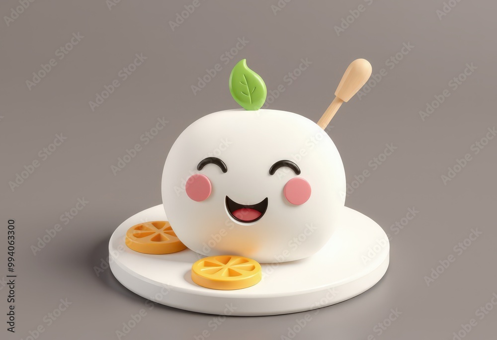 3D cartoon character with a happy expression, green leaf, and orange slices. 3D cartoon character with a happy expression, green leaf, and orange slices.