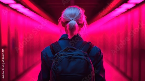 A person with a backpack walks through a striking neon pink-lit hallway, illustrating the concepts of journey, solitude, and modern urban exploration in an electric atmosphere. photo