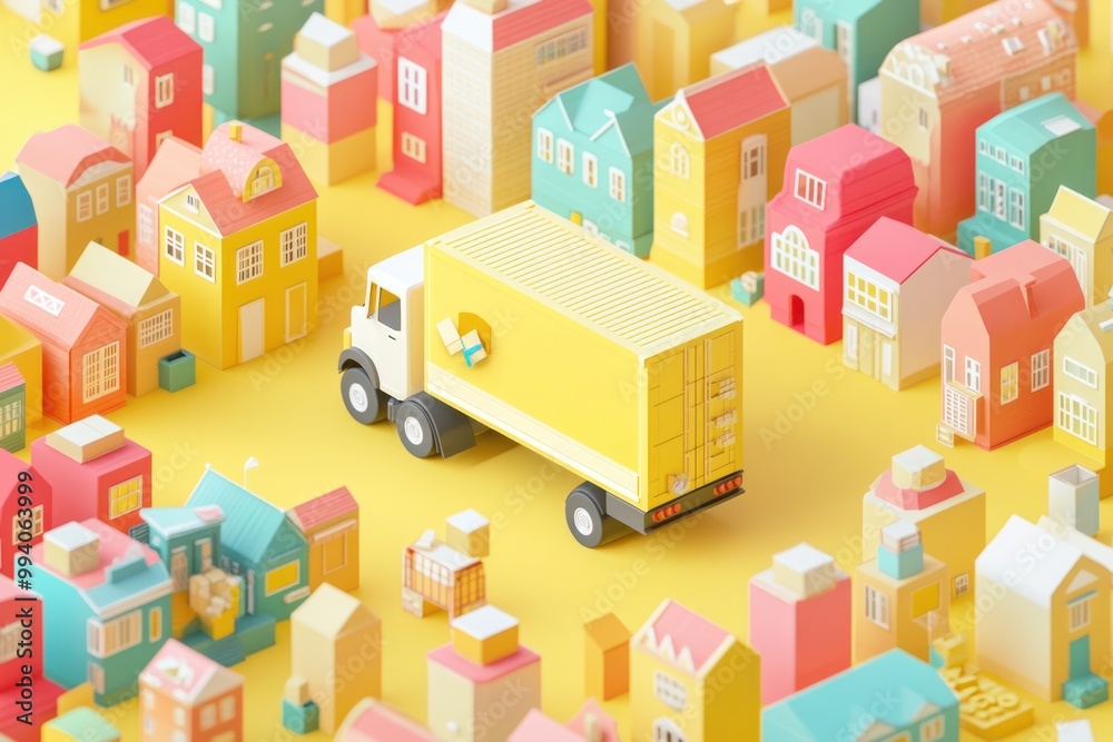 Fototapeta premium A colorful 3D scene featuring a delivery truck surrounded by vibrant houses and packages.