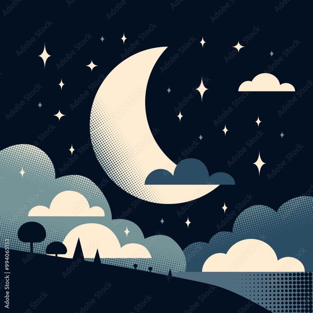 Ciel étoilé avec croissant de lune, collines et nuages