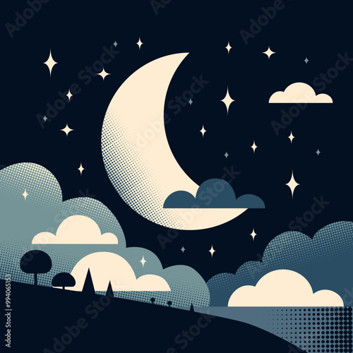 Ciel étoilé avec croissant de lune, collines et nuages