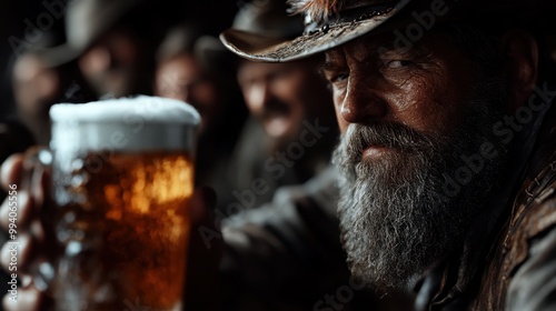 A cowboy holding a frothy beer mug appreciates his drink with a blurred background. The scene captures the essence of rustic, relaxed camaraderie in a dimly lit environment. photo