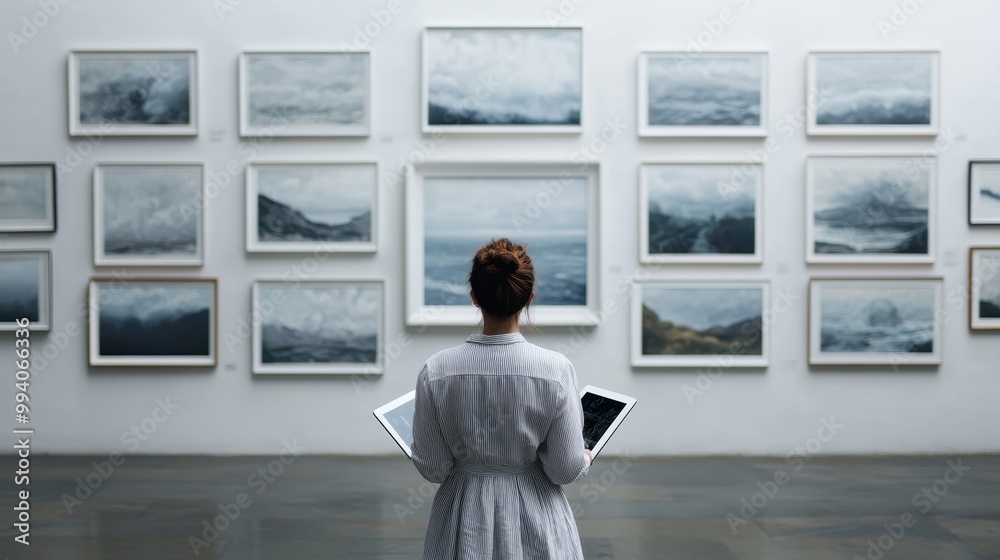 A woman in casual white dress views modern art paintings in a gallery setting, holding two tablets, emphasizing contemplation and appreciation of art. A woman in casual white dress views modern art paintings in a gallery setting, holding two tablets, emphasizing contemplation and appreciation of art.