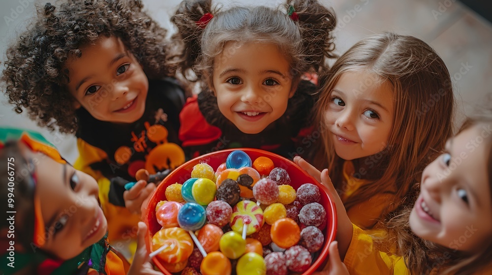 Group of joyful children enjoying colorful candies during a festive celebration. Group of joyful children enjoying colorful candies during a festive celebration.