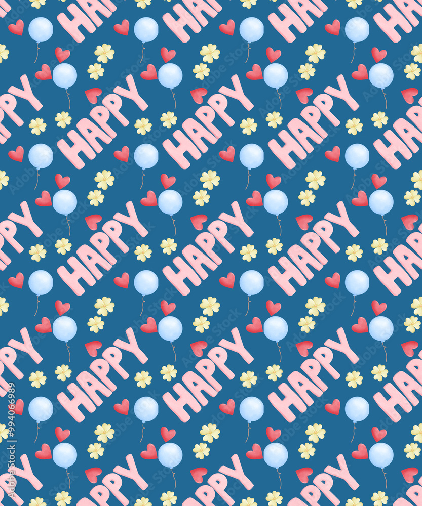 Fototapeta premium Happy text with balloons, heart and flowers seamless pattern