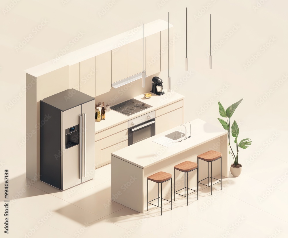 Fototapeta premium Modern kitchen interior featuring appliances, seating, and a plant for a stylish look.